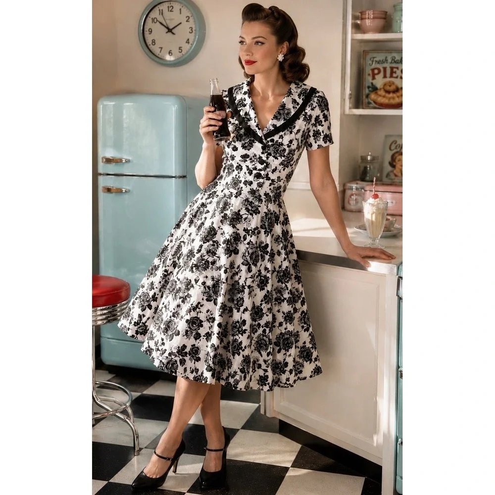 white retro swing dress White 1950s Halter Belted Swing Dress
